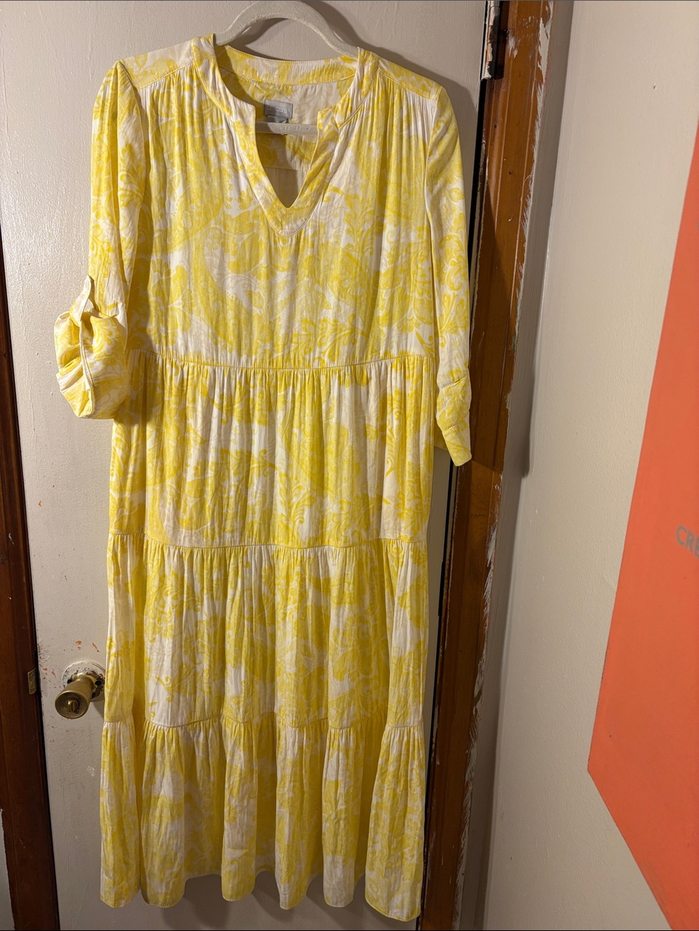 Chico’s Yellow Floral Tiered V-Neck Women's Dress w/ pockets